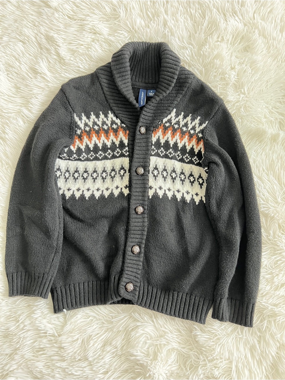 Men's Charcoal Shawl Collar Fair Isle Cardigan Sweater - Unbranded